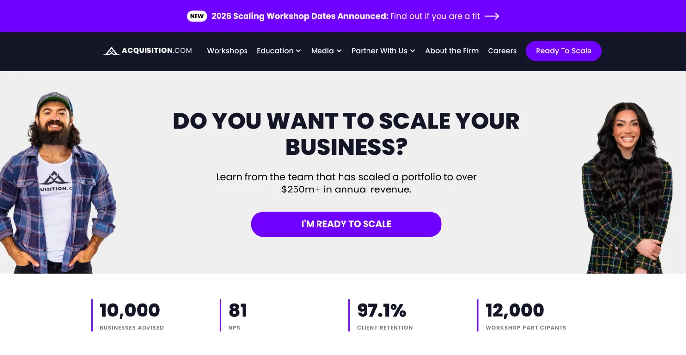 Acquisition.com homepage with proof numbers under the main button