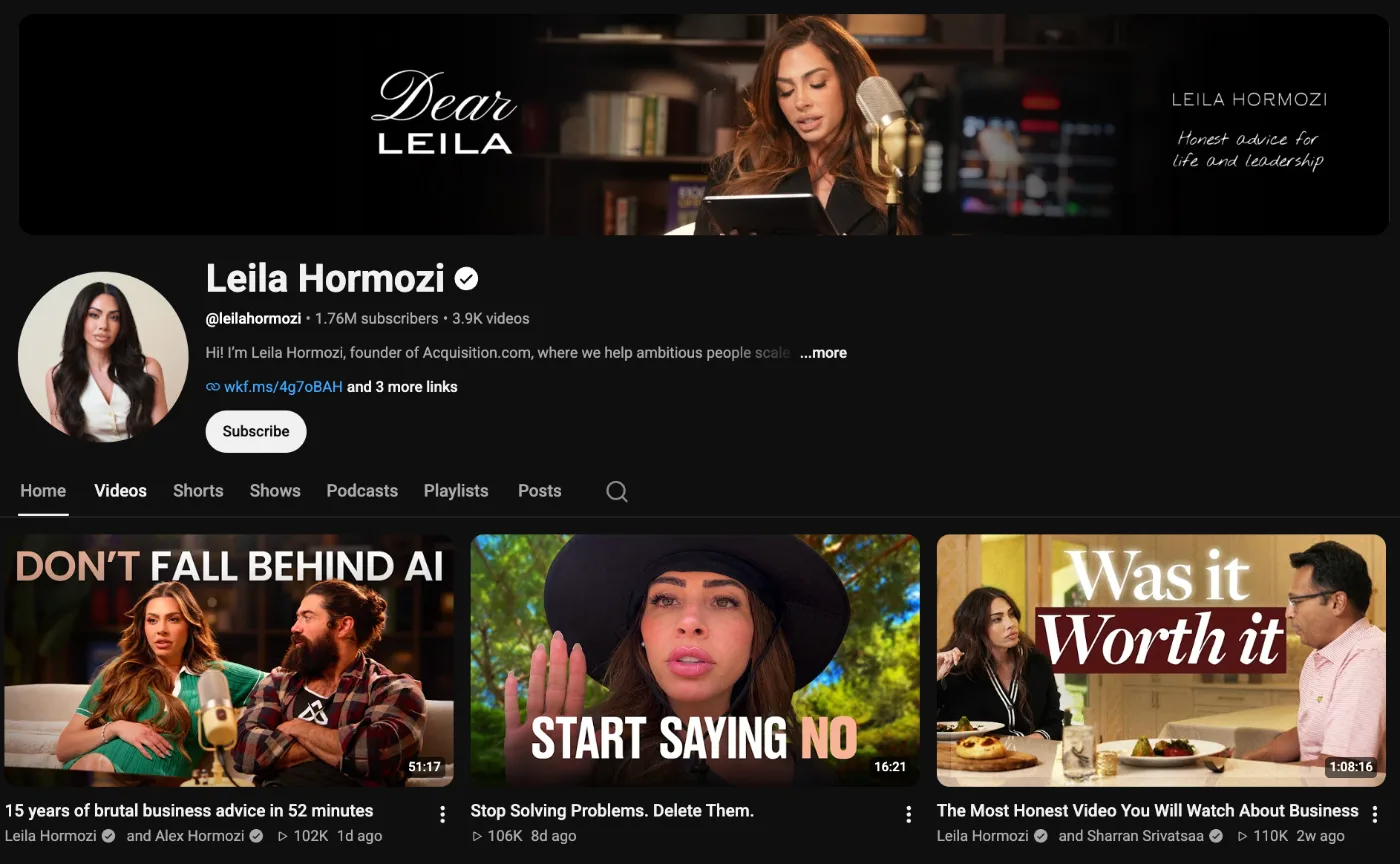 Leila Hormozi's YouTube channel page with the Dear Leila banner